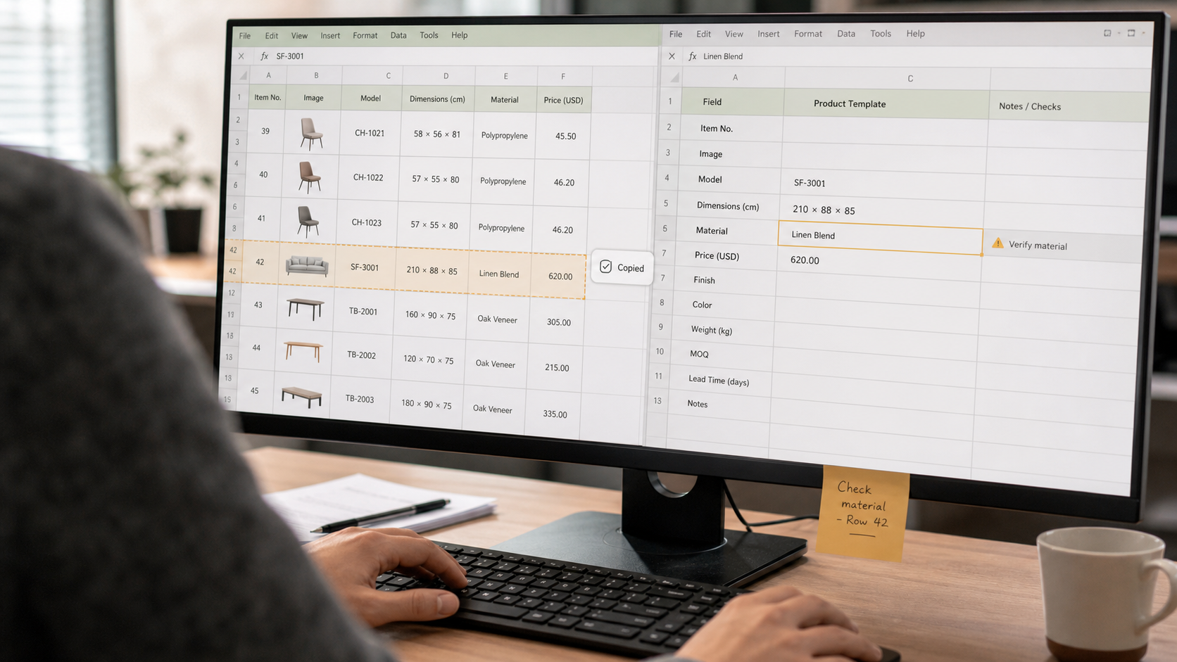 Editorial reconstruction of a supplier spreadsheet row being copied into an internal product template and checked field by field