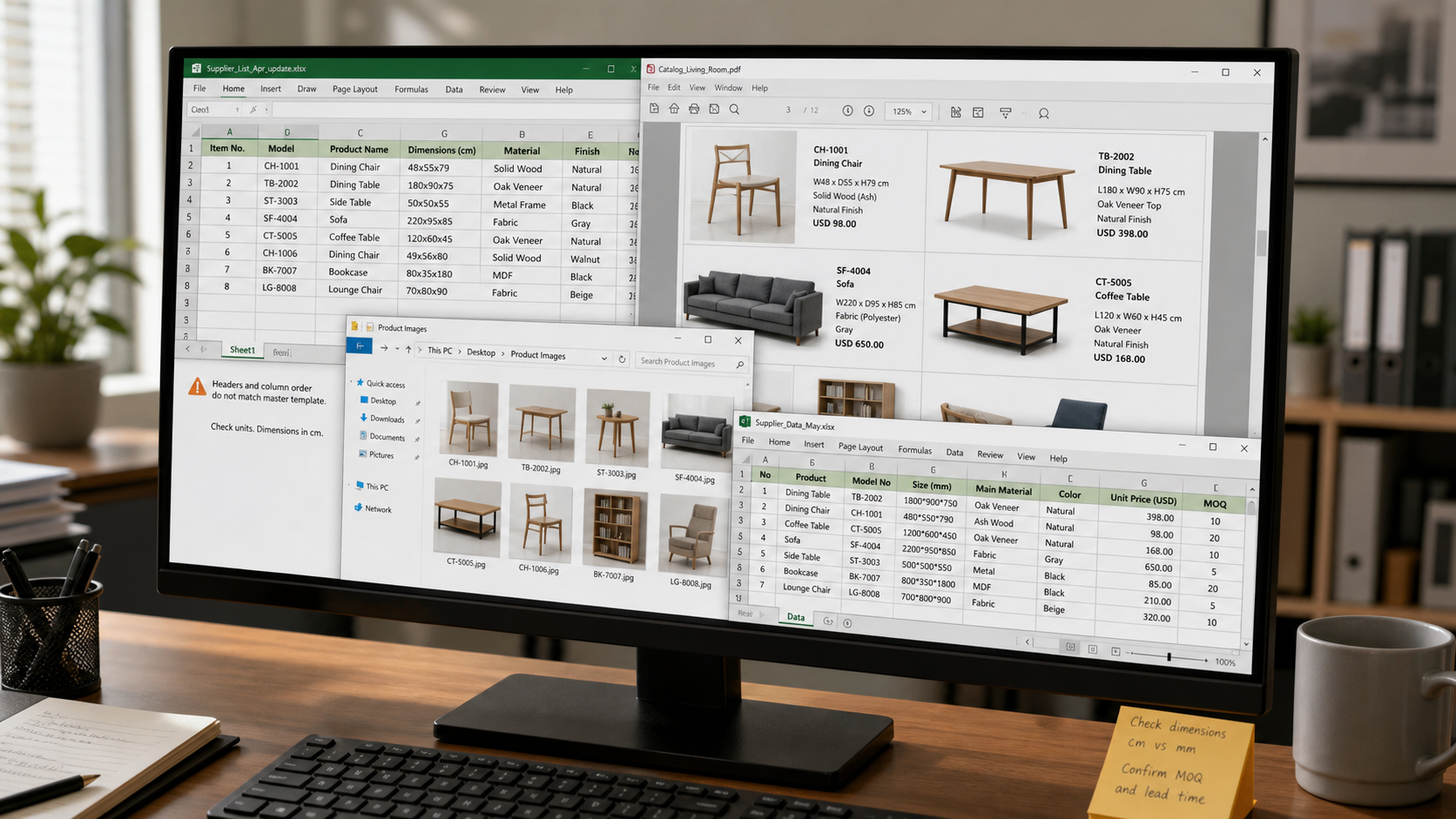 Editorial reconstruction of a computer screen showing incompatible supplier Excel, PDF, image-folder, and spreadsheet formats for furniture products