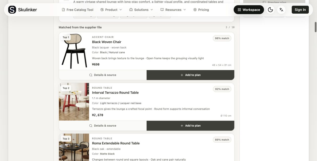 Real public Skulinker Demo showing three matched furniture product cards with images, match reasons, prices, dimensions, and source actions