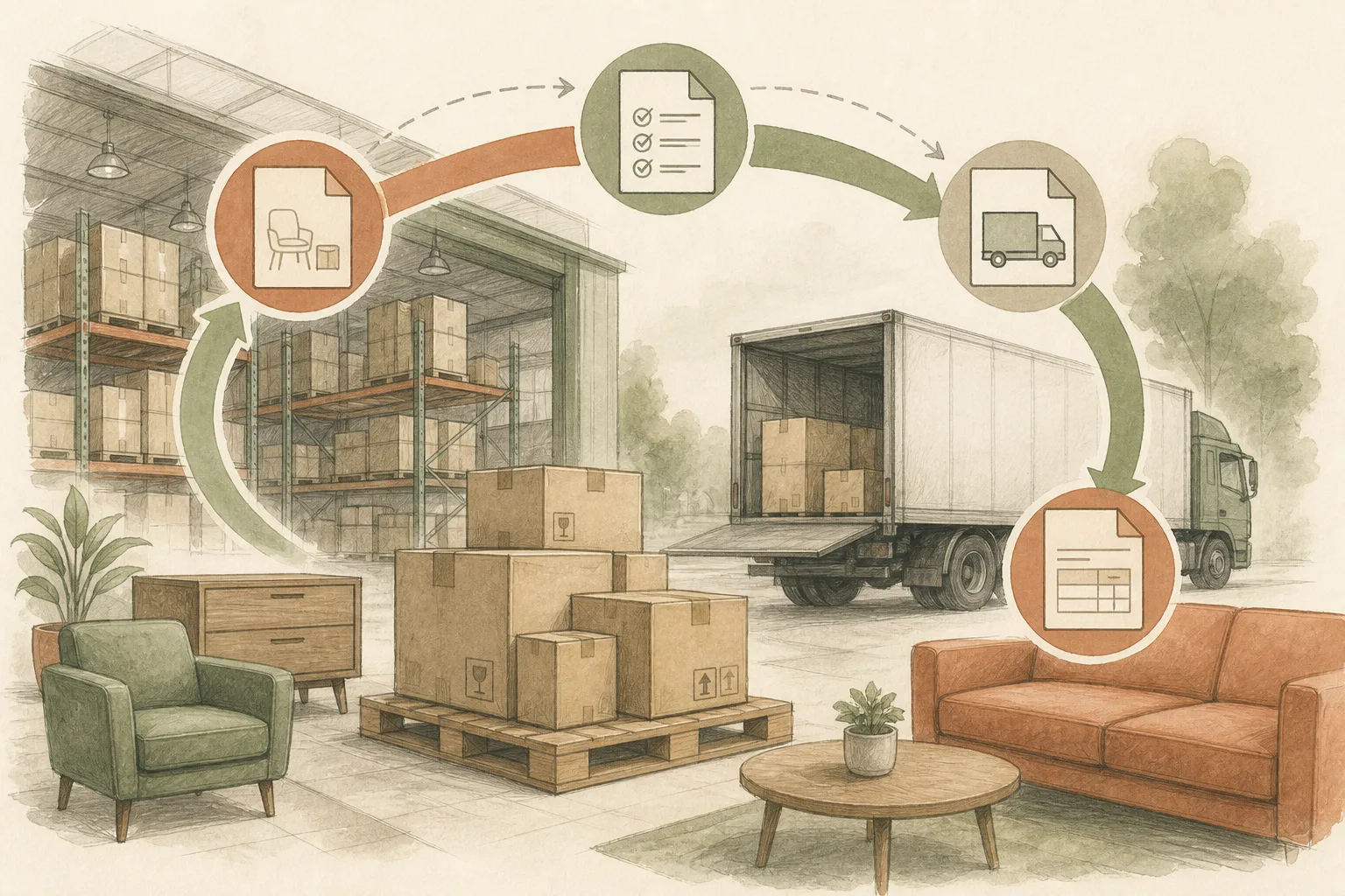 Editorial illustration of an EDI shipment flow connecting furniture cartons, warehouse, truck, and document symbols