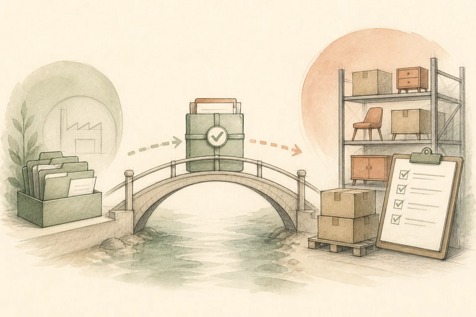 Editorial illustration of an ERP handoff from supplier folders through reviewed furniture data to warehouse operations