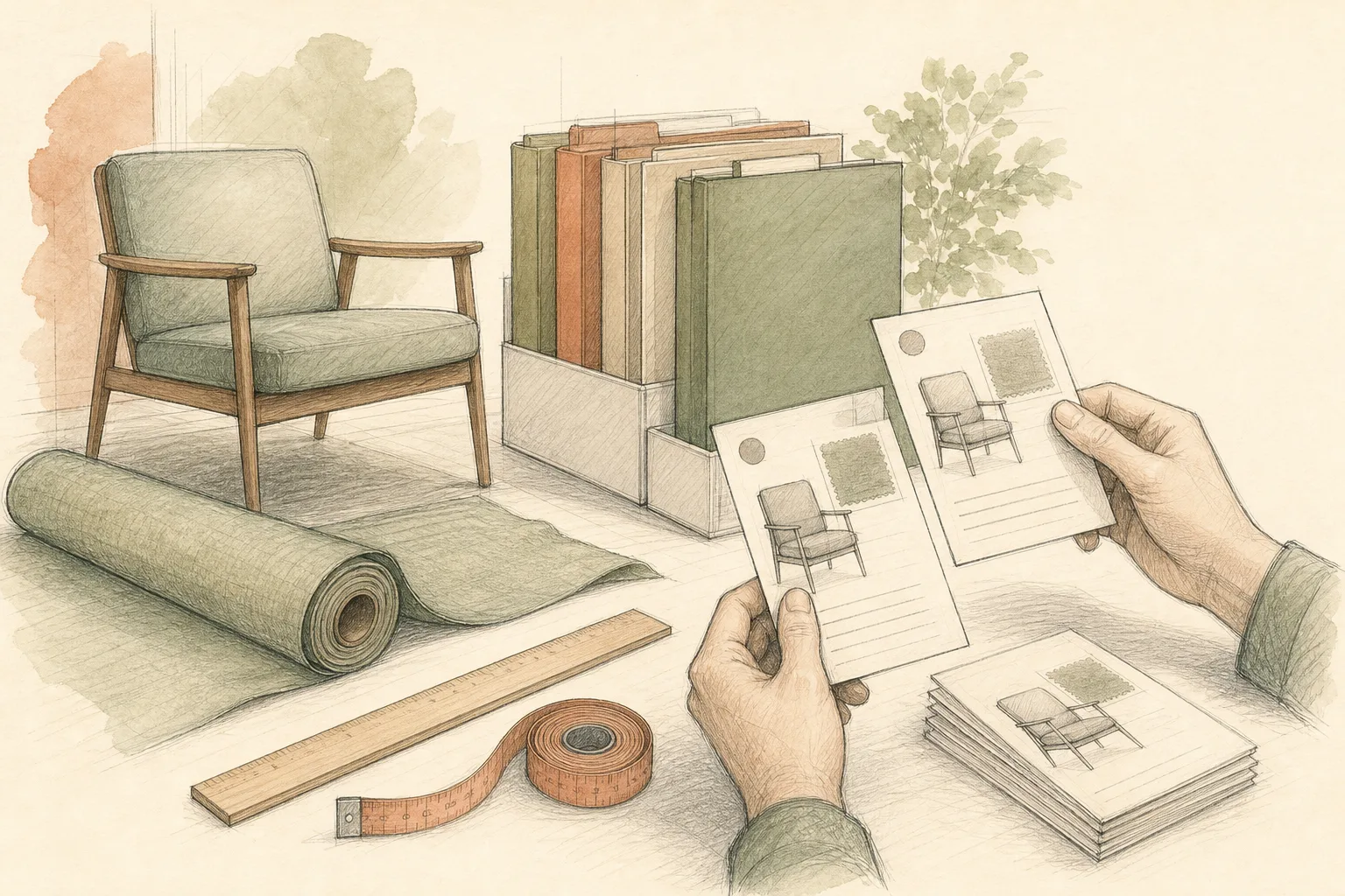 Editorial illustration of supplier master data review with a furniture sample, folders, and measurement tools