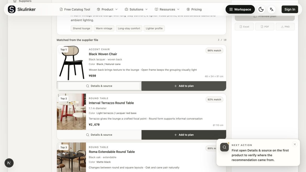 Sanitized public Skulinker Demo showing ranked furniture matches with product images, match percentages, prices, and dimensions