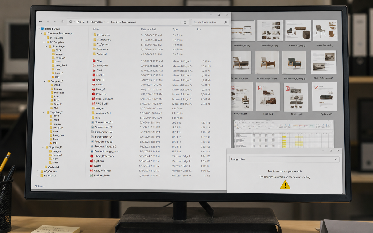 Editorial reconstruction of a cluttered supplier shared drive with many folders, catalogs, spreadsheets, and product images