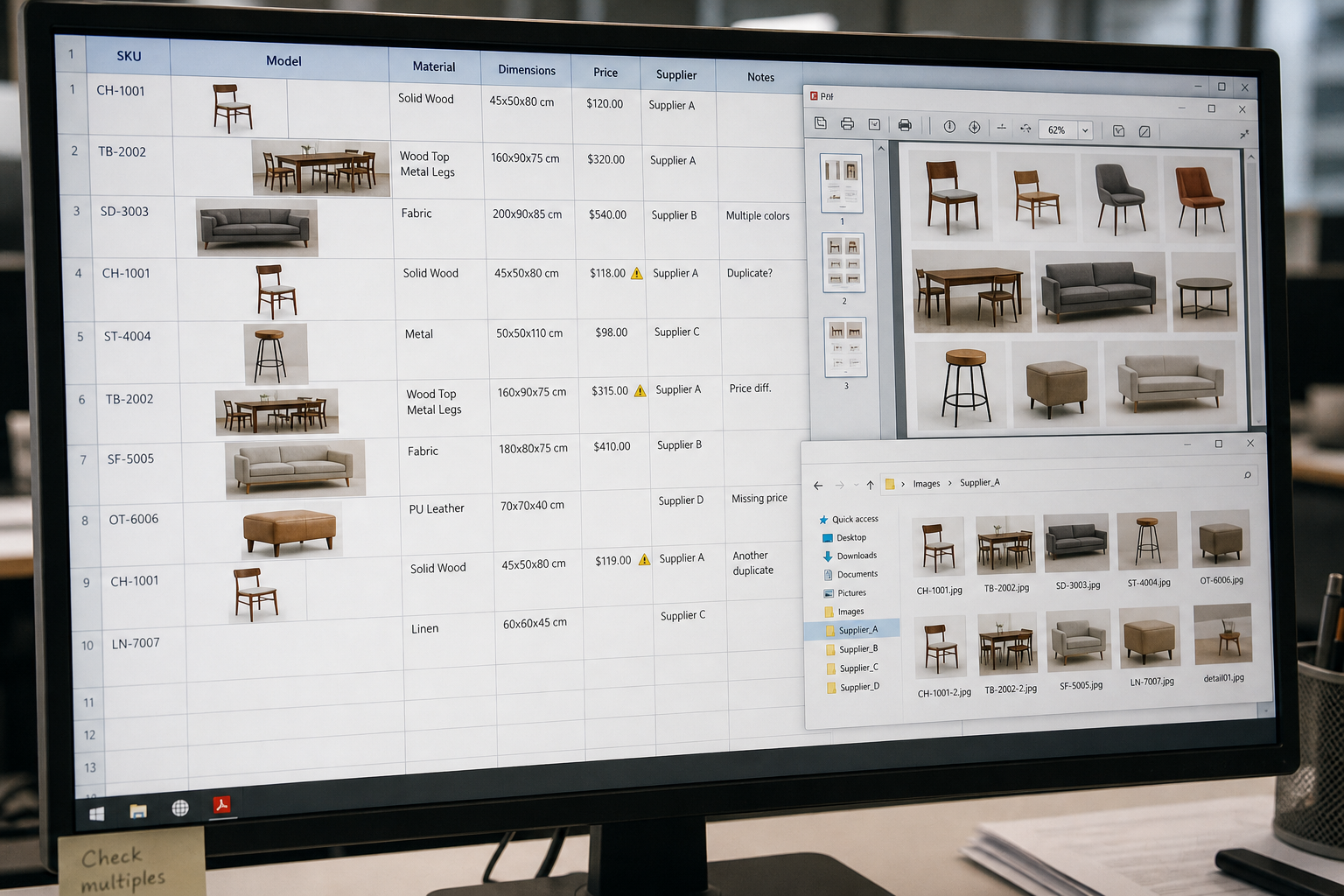Editorial reconstruction of a furniture spreadsheet with pasted supplier images, duplicate model numbers, and different prices