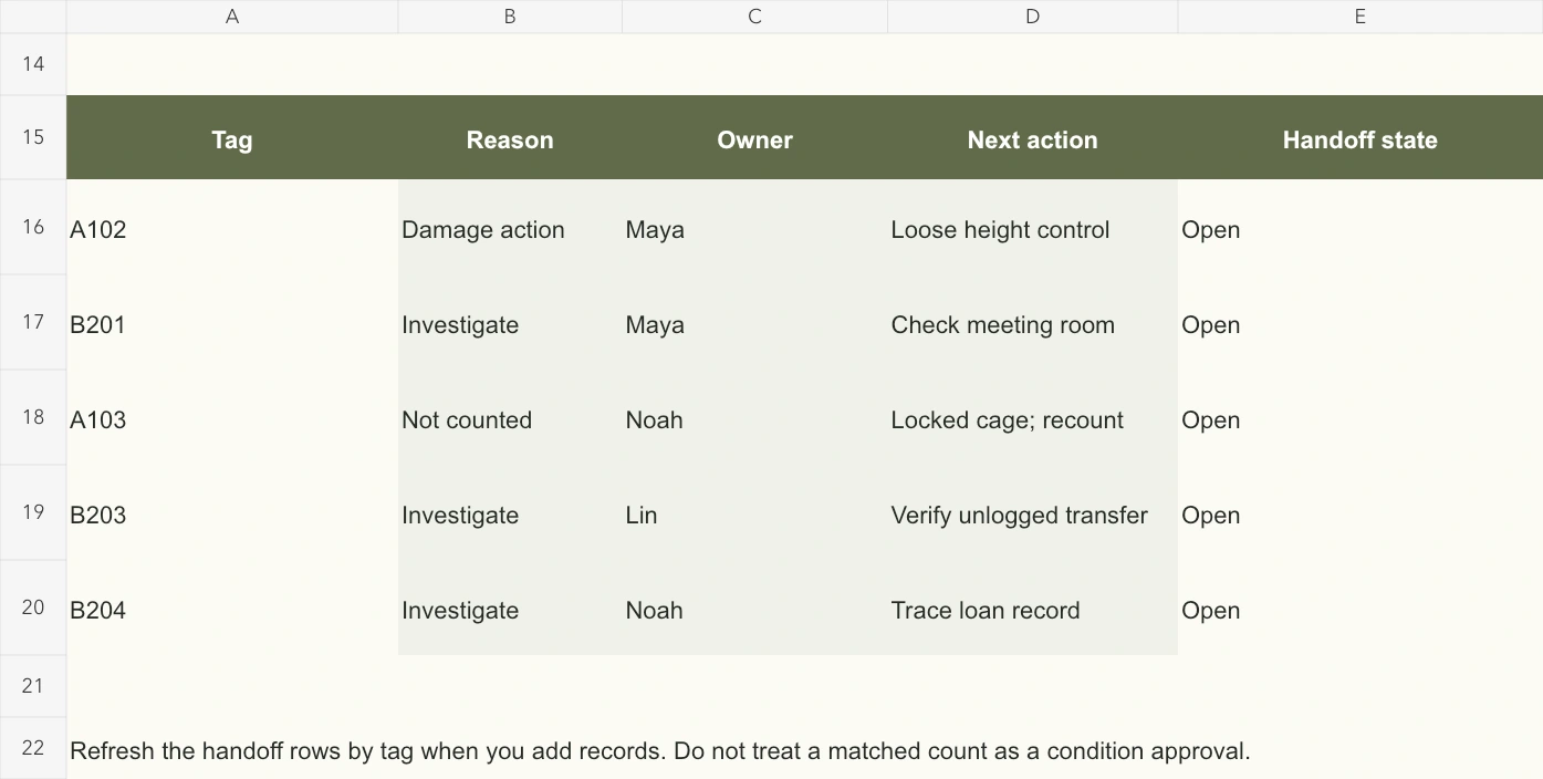 Five named actions carry count differences, damage and the locked cabinet into the handoff.