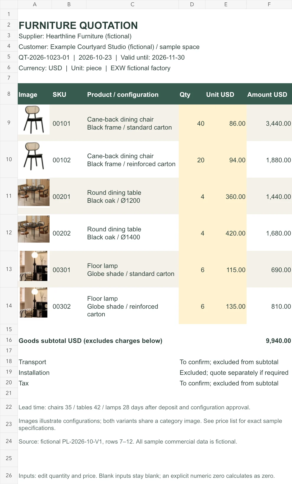 A4 portrait furniture quotation with customer header, six illustrated items, USD goods subtotal, and excluded charges