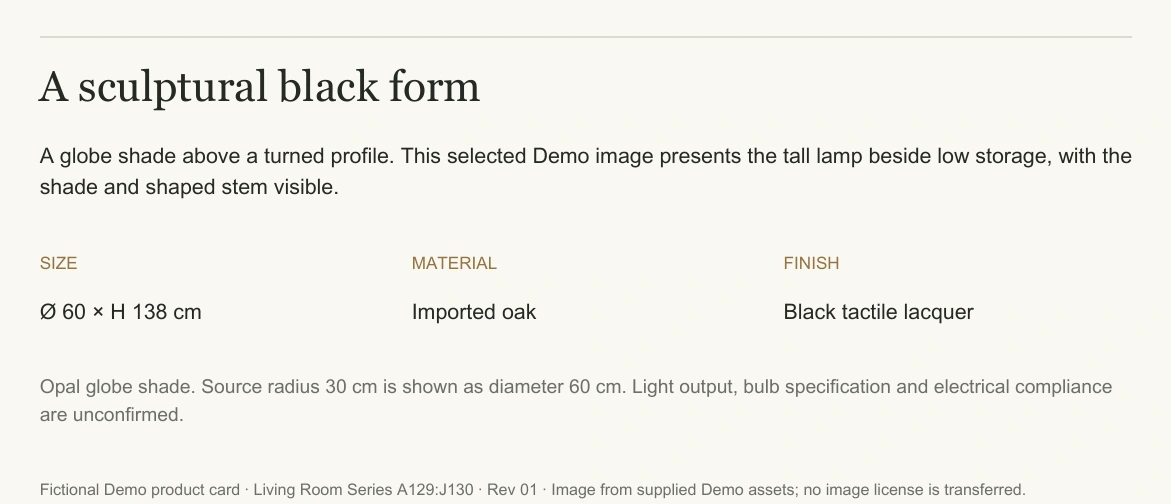 The finished information band keeps dimensions, materials and unconfirmed technical facts readable.