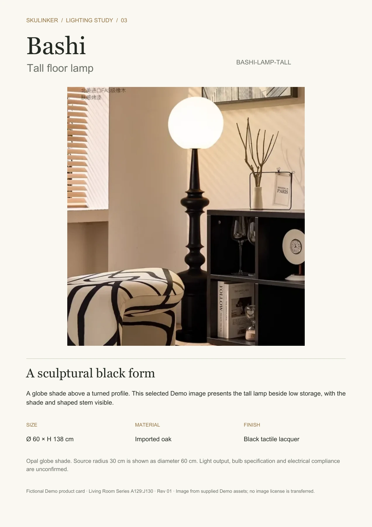 The actual one-page PDF presents the Bashi tall floor lamp with a large original Demo photo.