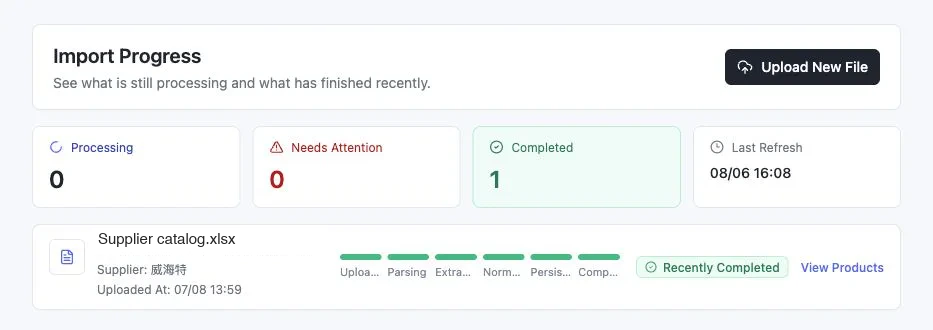 Real Skulinker supplier-file processing view with visible import stages